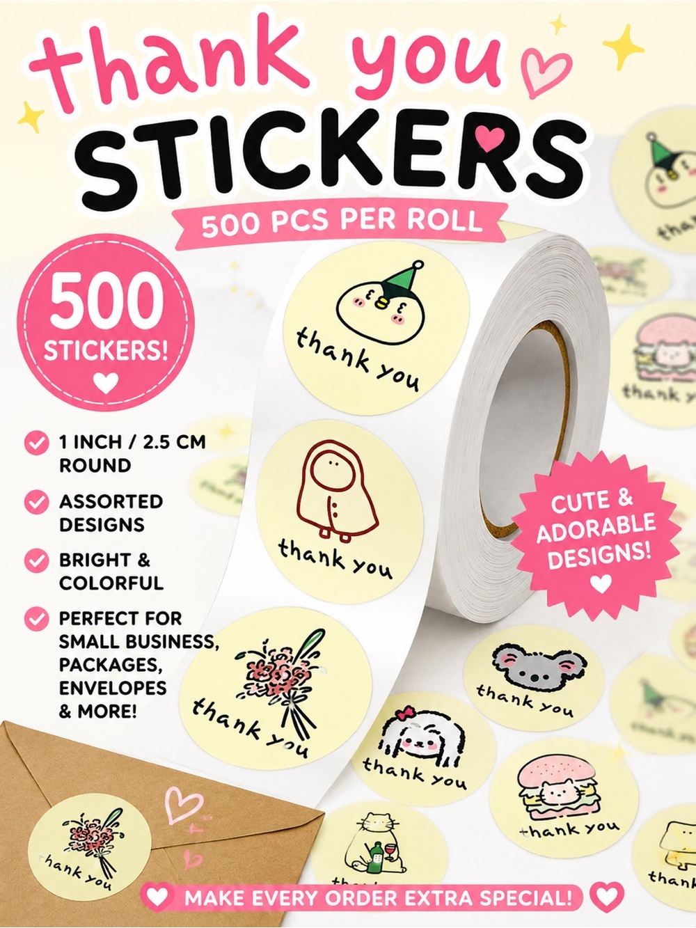 Cute Thank You Stickers 1 Inch Roll Small Business Packaging